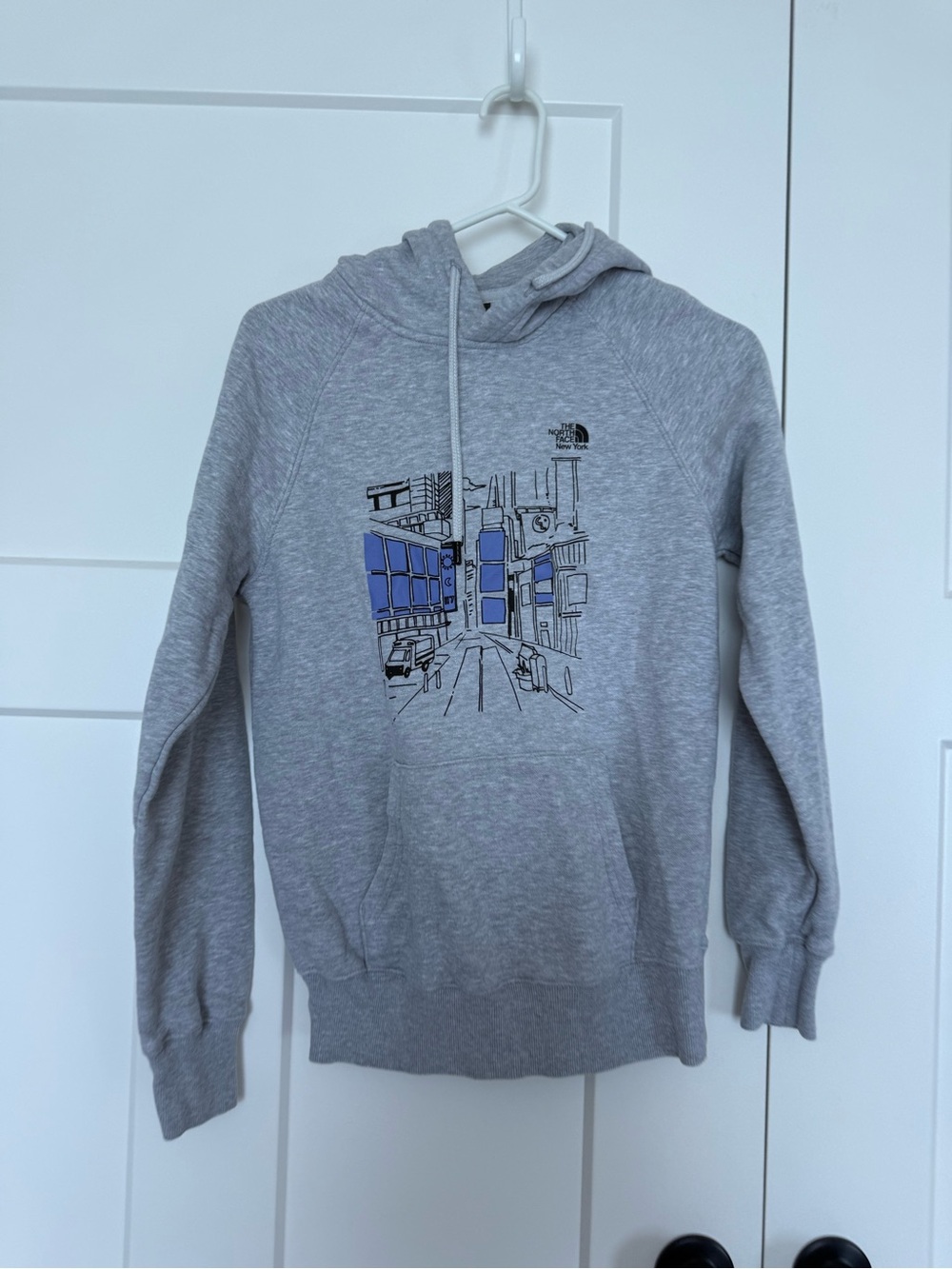 The North Face Gray Pullover Hoodie with Blue Graphic City Print